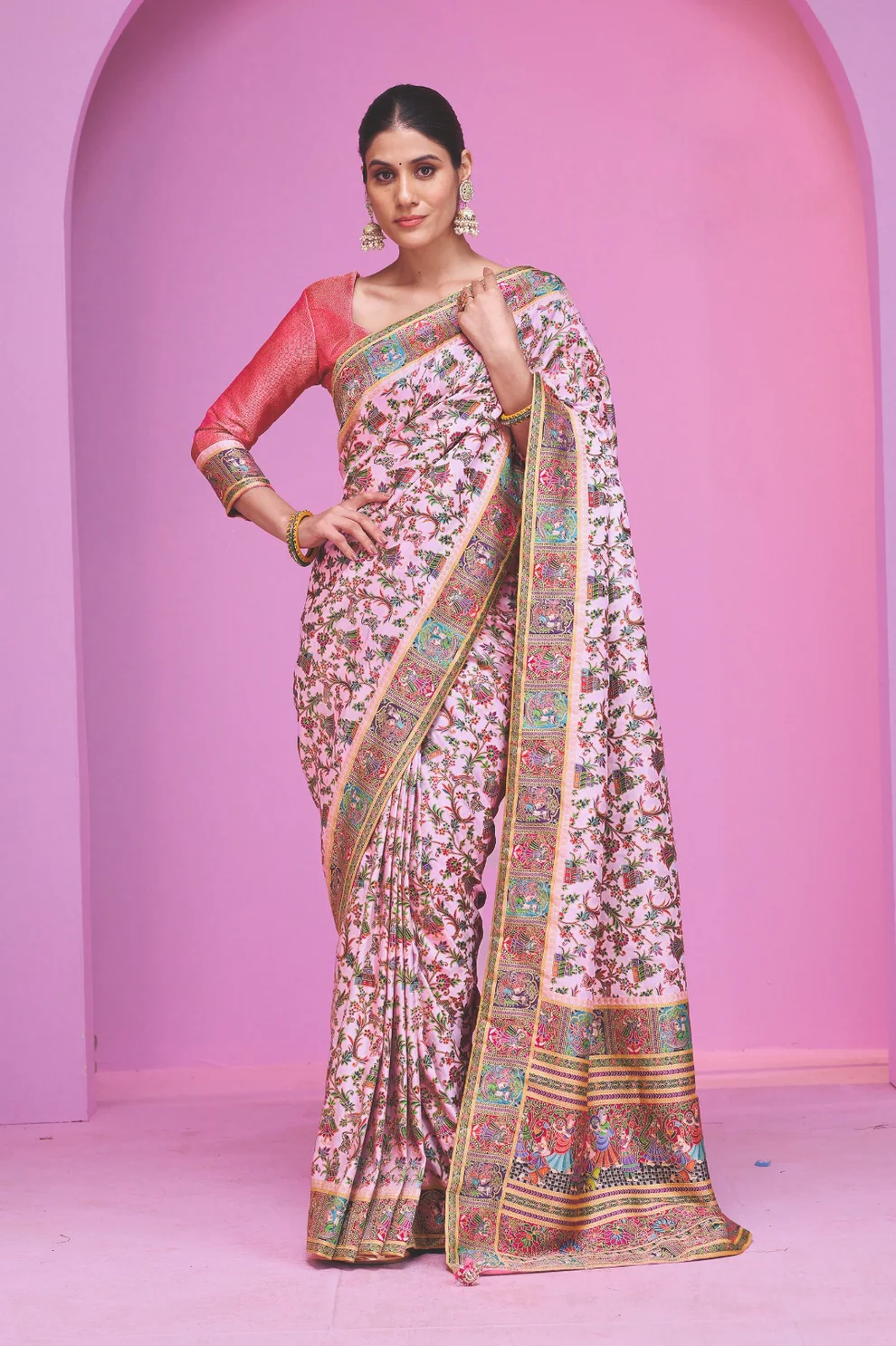 Royal Kashmiri Pashmina Silk Pink Saree